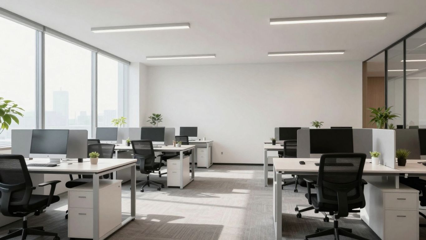 Modern office interior with natural light and minimalist decor.