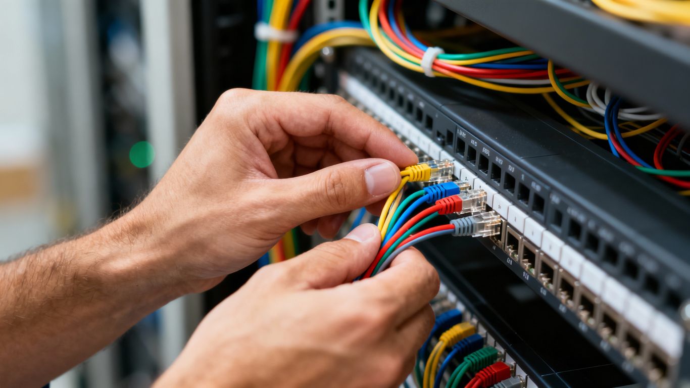 Technician connecting network cables in a patch panel.