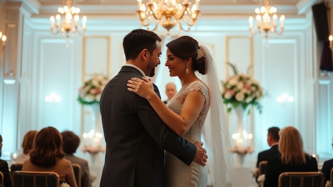 Couple embracing at an intimate, grand wedding ceremony.