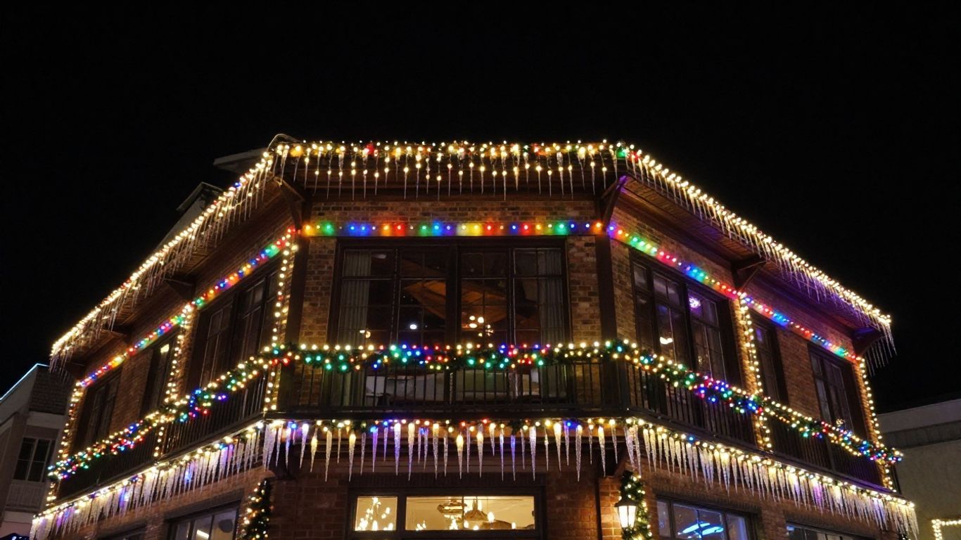 Festive commercial building decorated with bright Christmas lights.