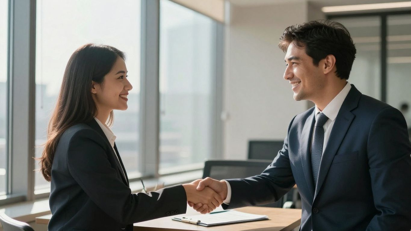 Insurance broker and client shaking hands, building trust.