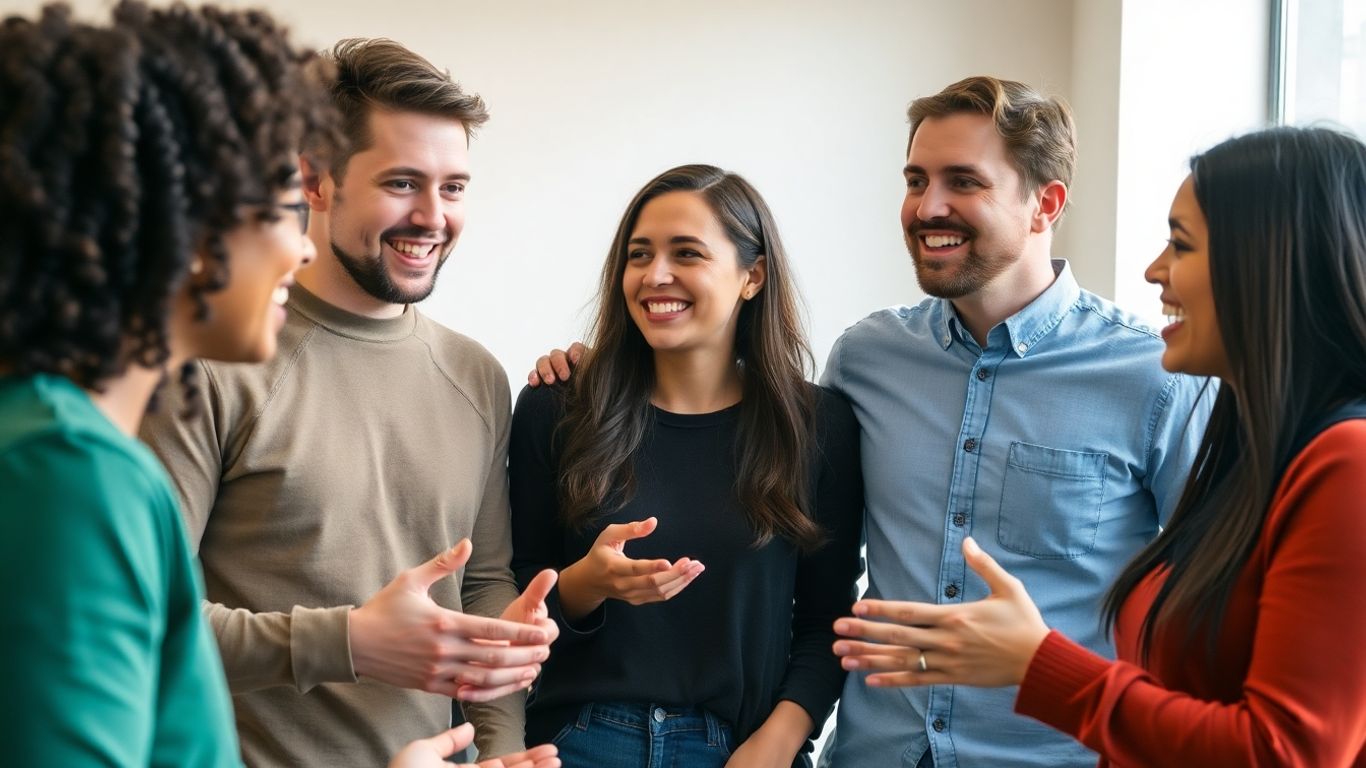 People talking online, smiling and engaged in conversation.