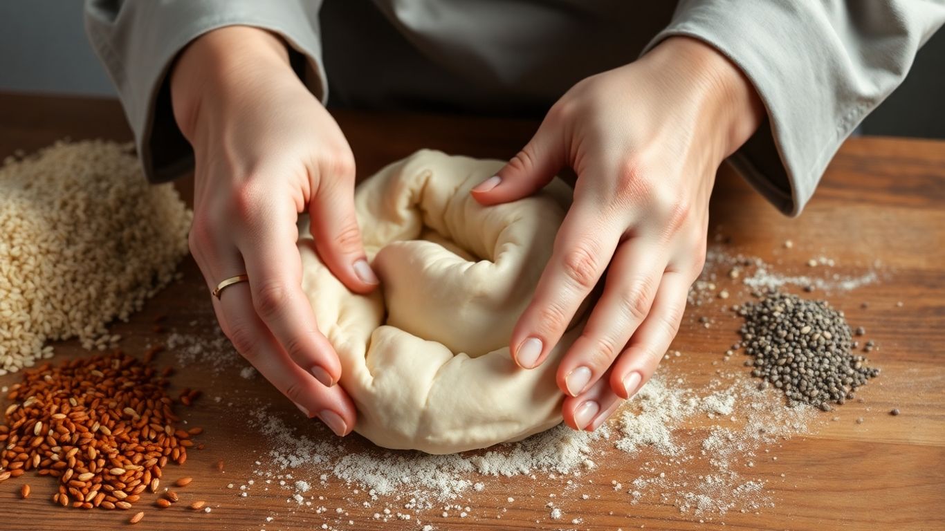 Bäcker formt Teig mit gesunden Körnern und Samen.