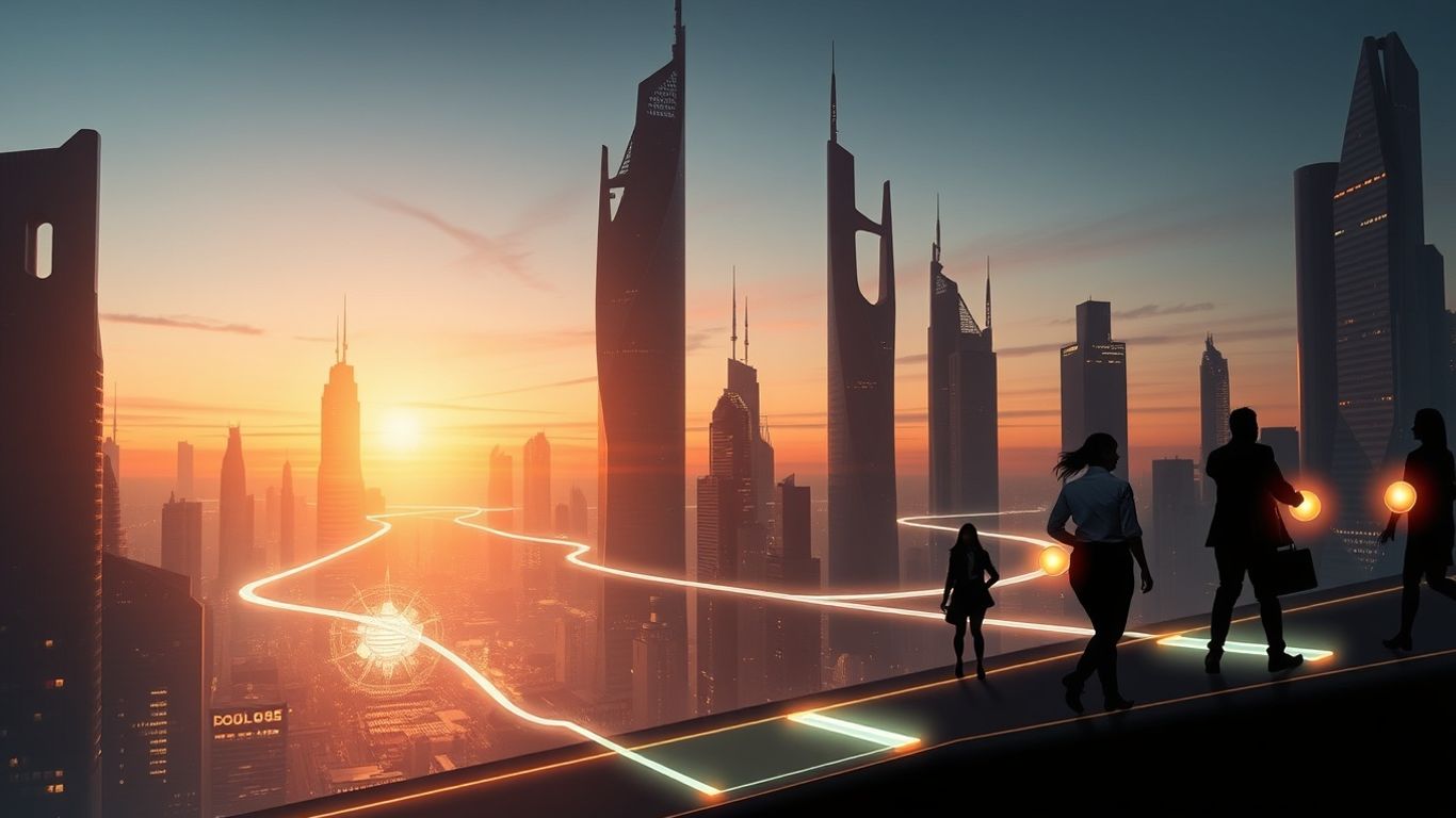 Futuristic city with digital pathways and business professionals.