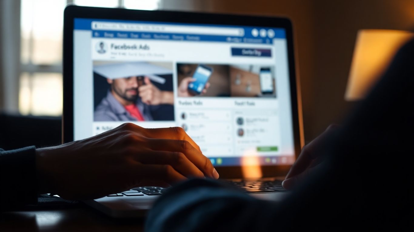 มือคนกำลังใช้คอมพิวเตอร์ลงโฆษณา Facebook