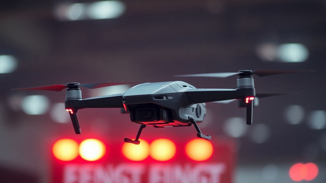 Drone GALE en vol, lumières d'urgence floues.