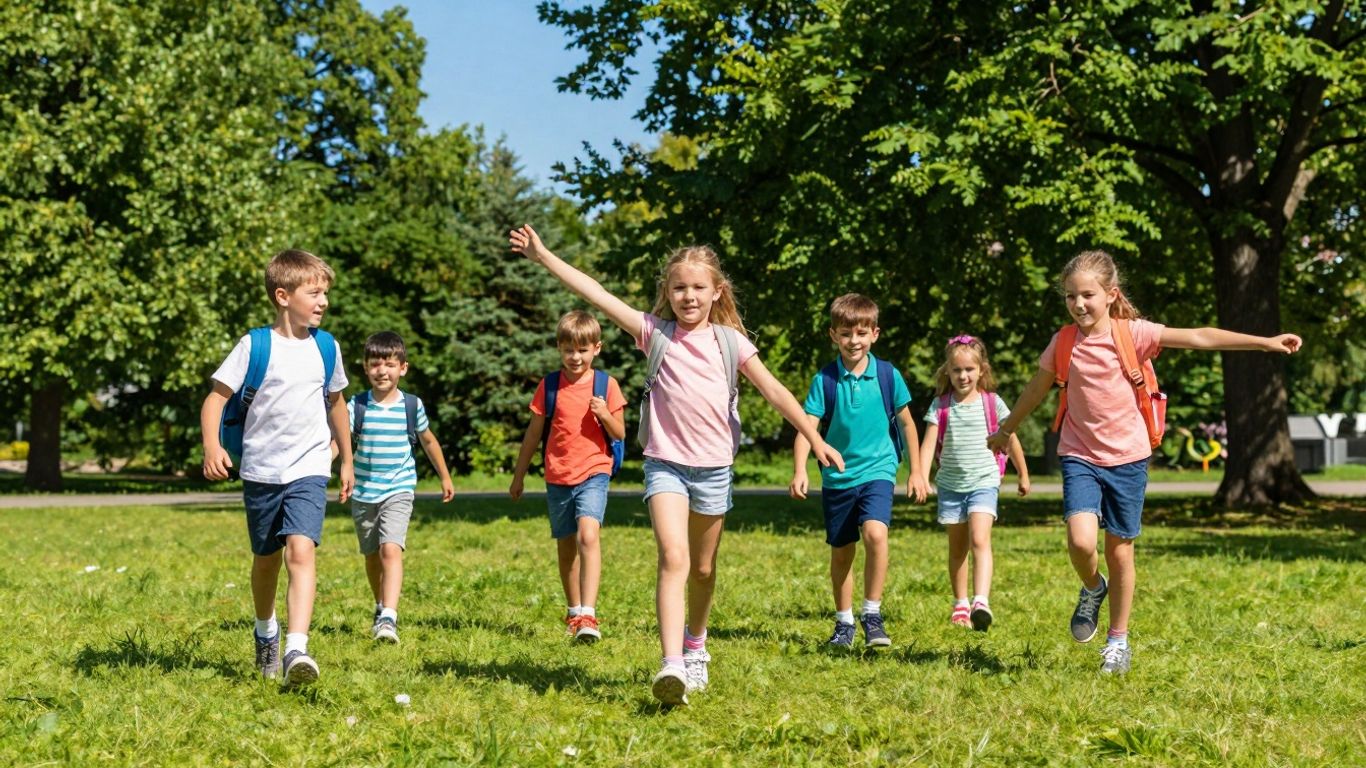 Kinder spielen im Park während der Sommerferien in NRW.