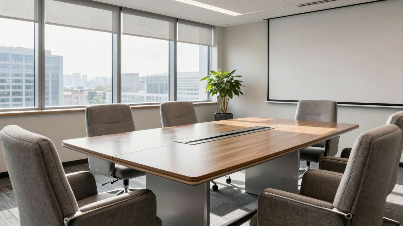 Modern conference room with natural light and comfortable seating.