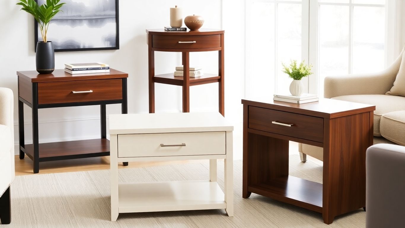 Stylish end tables with drawers in a living room.