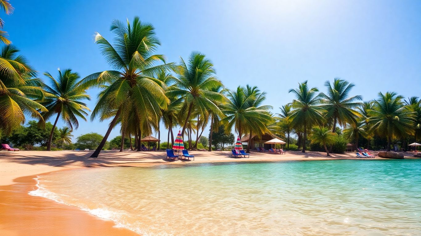 Plaża z palmami i turkusową wodą.