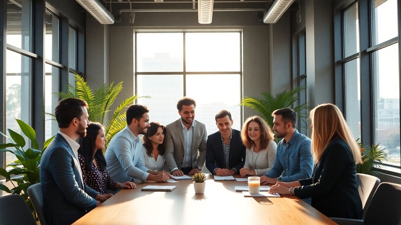 Diverse team collaborating in a modern, sunlit office.
