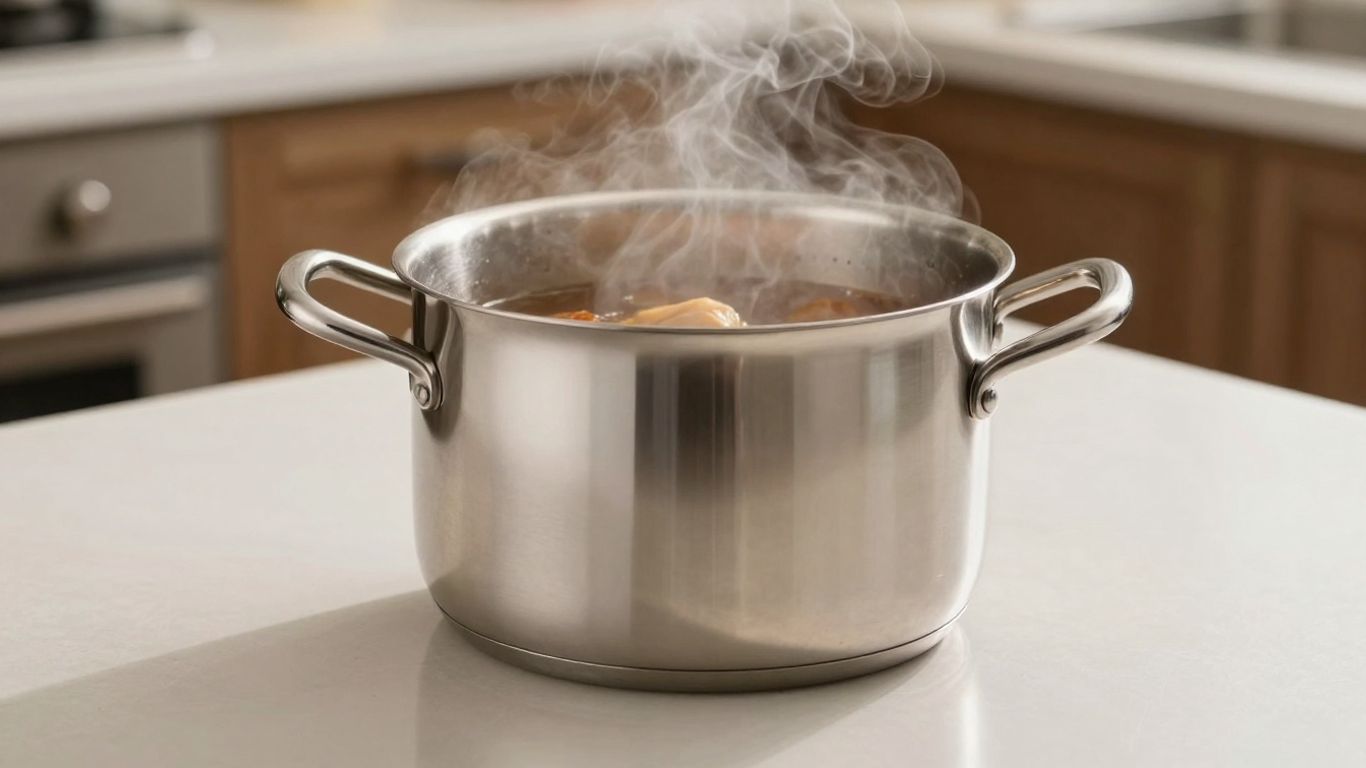 A shiny stainless steel stock pot on a kitchen counter.