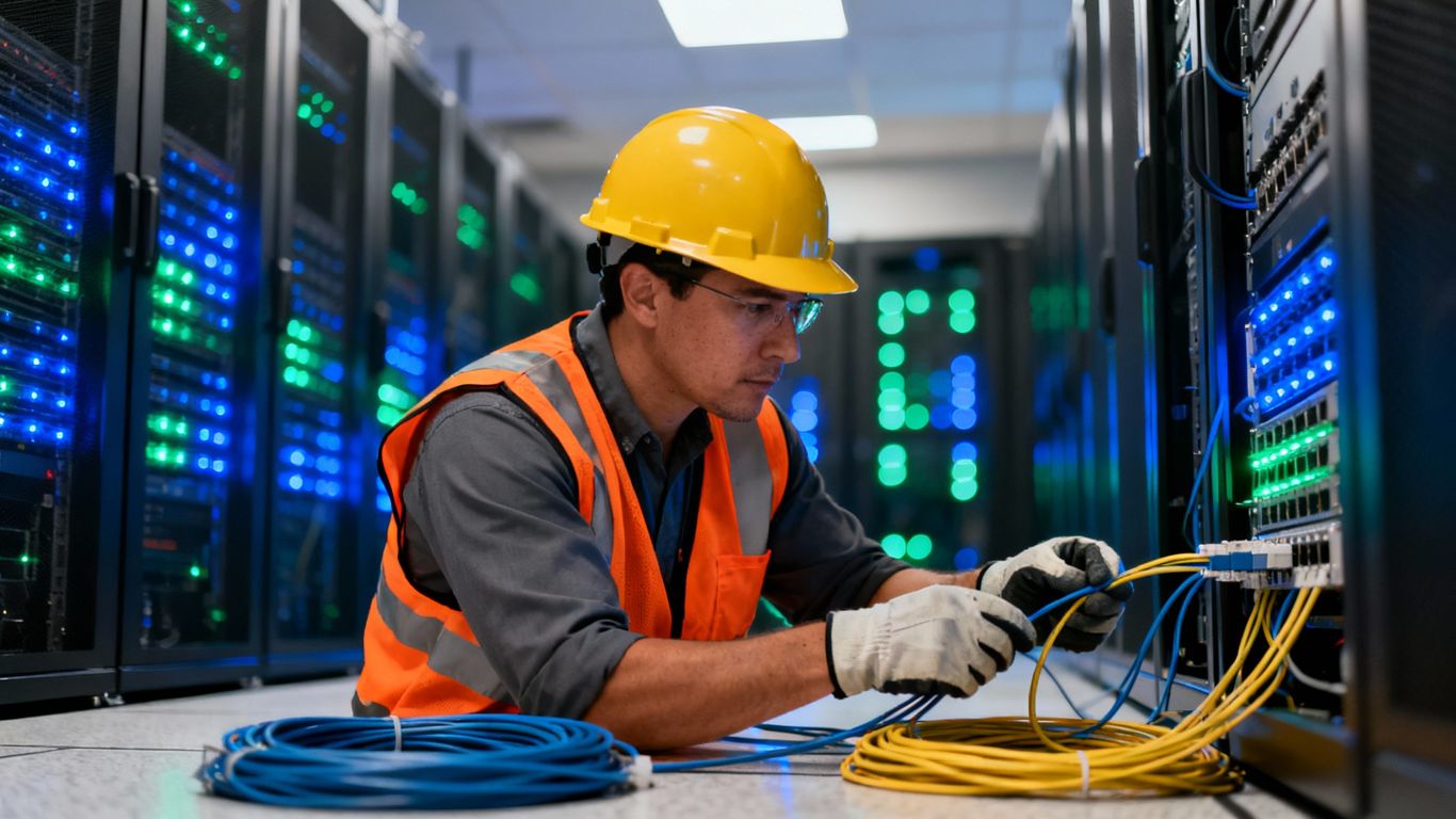 Network technician installing cables in a Texas data center.