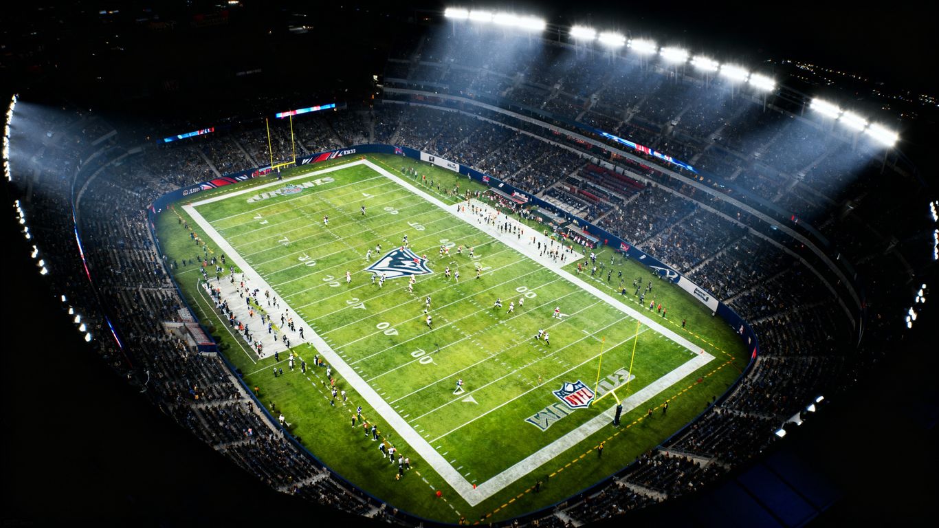 NFL stadium at night with players on the field.