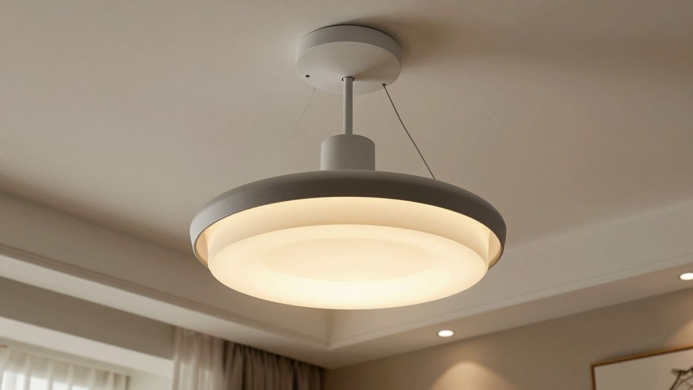 Stylish ceiling light illuminating a cosy bedroom.