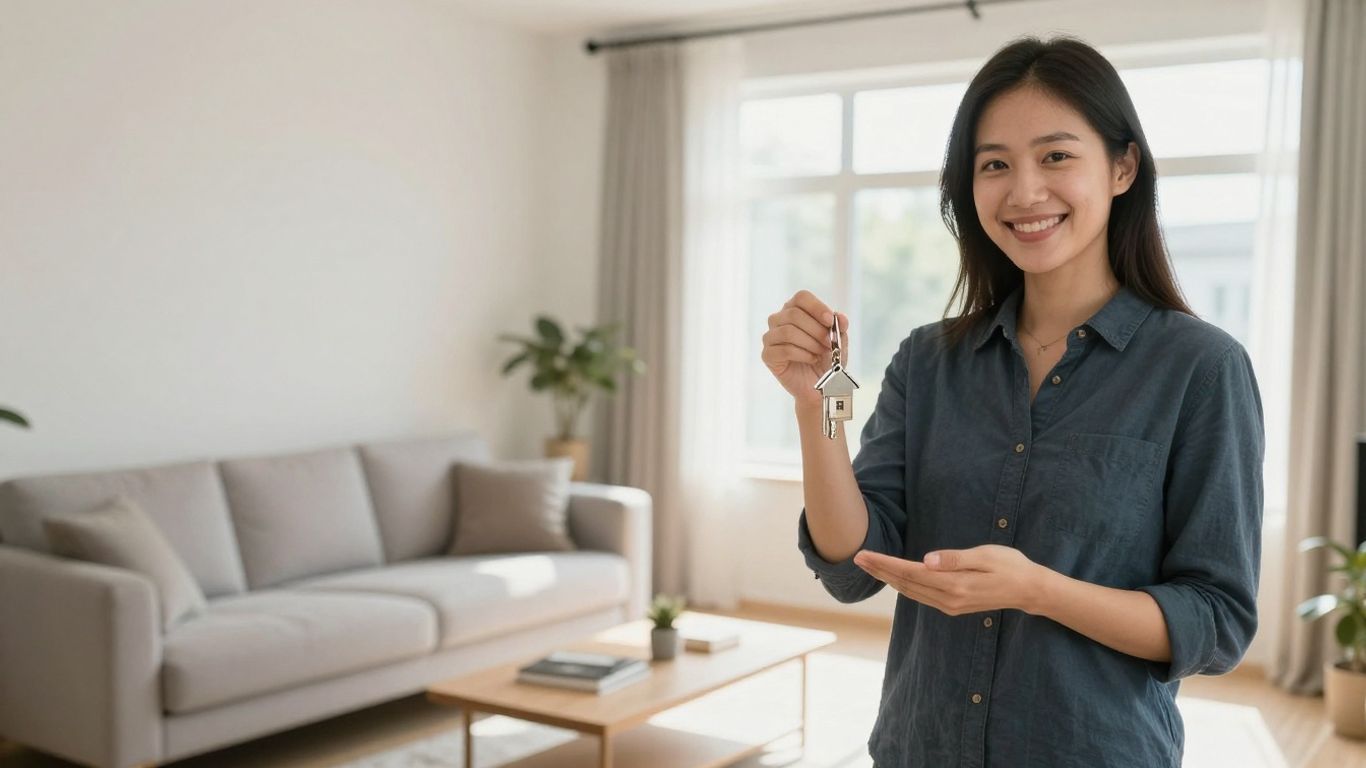 Persona sonriendo con llave de casa y seguro de hogar.