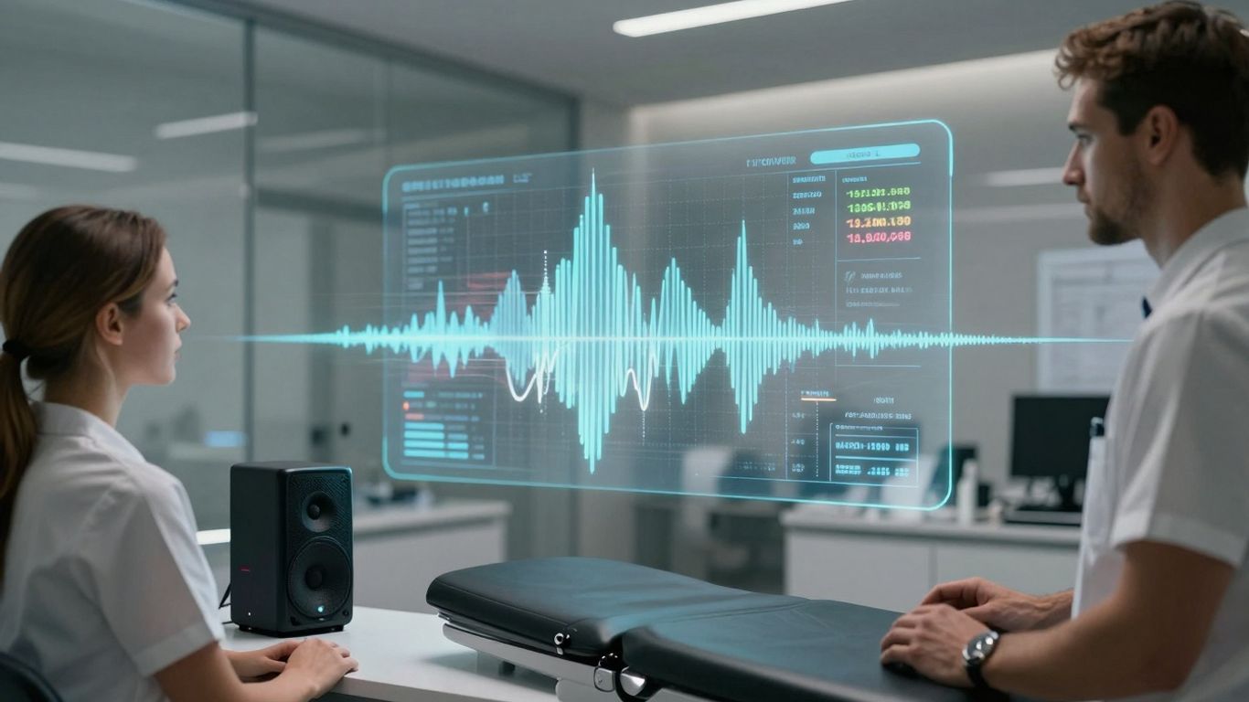 Dermatology clinic with AI sound waves and financial data.