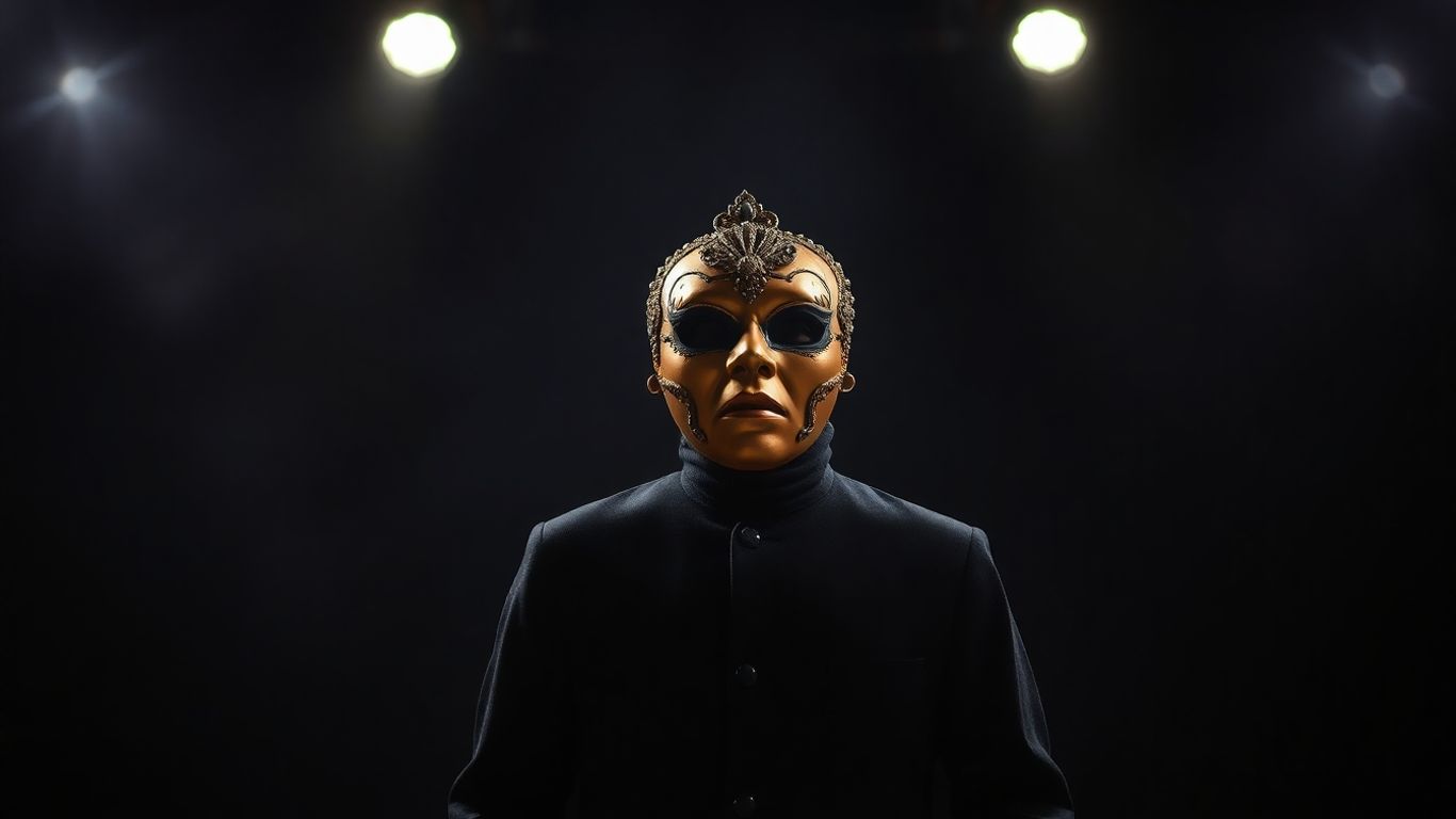 Participante mascarado em palco com máscara a ser retirada.