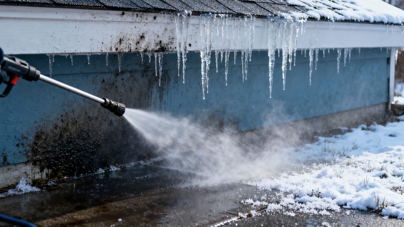 Pressure washing a house in snowy, cold weather.