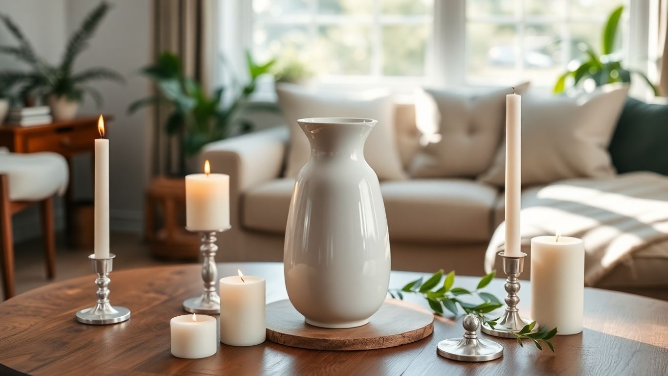 White ceramic vase with candles on a living room table
