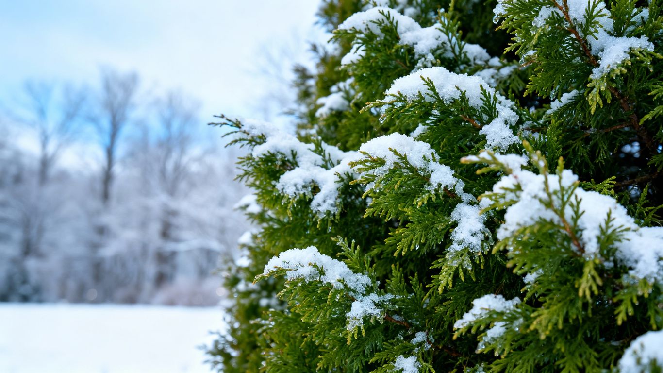 Winter shrub covered in snow, Huntsville landscape background.