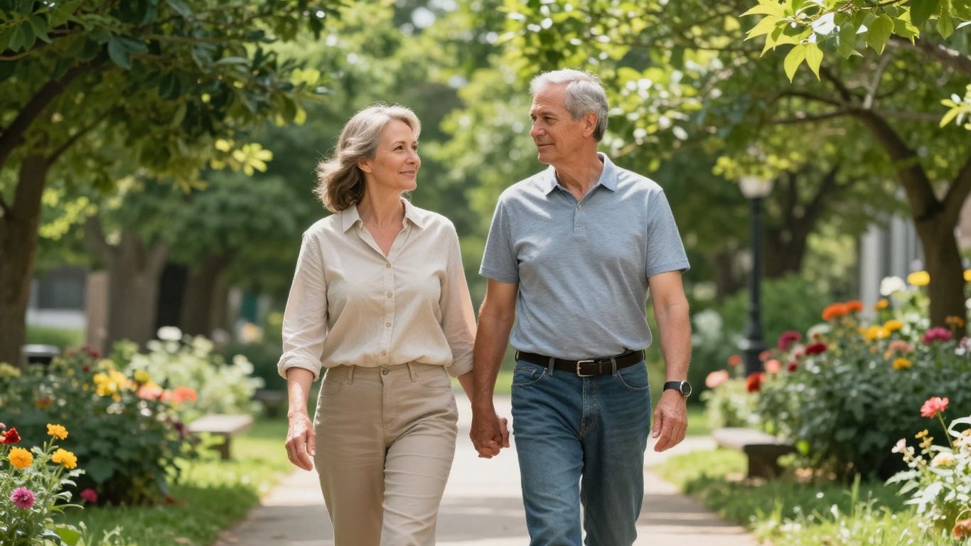 Couple walking on a sunny path, symbolizing long-term care.