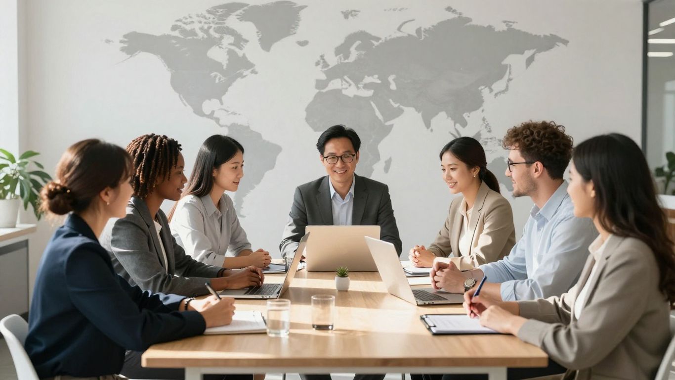 Small business team working together, global connection theme.