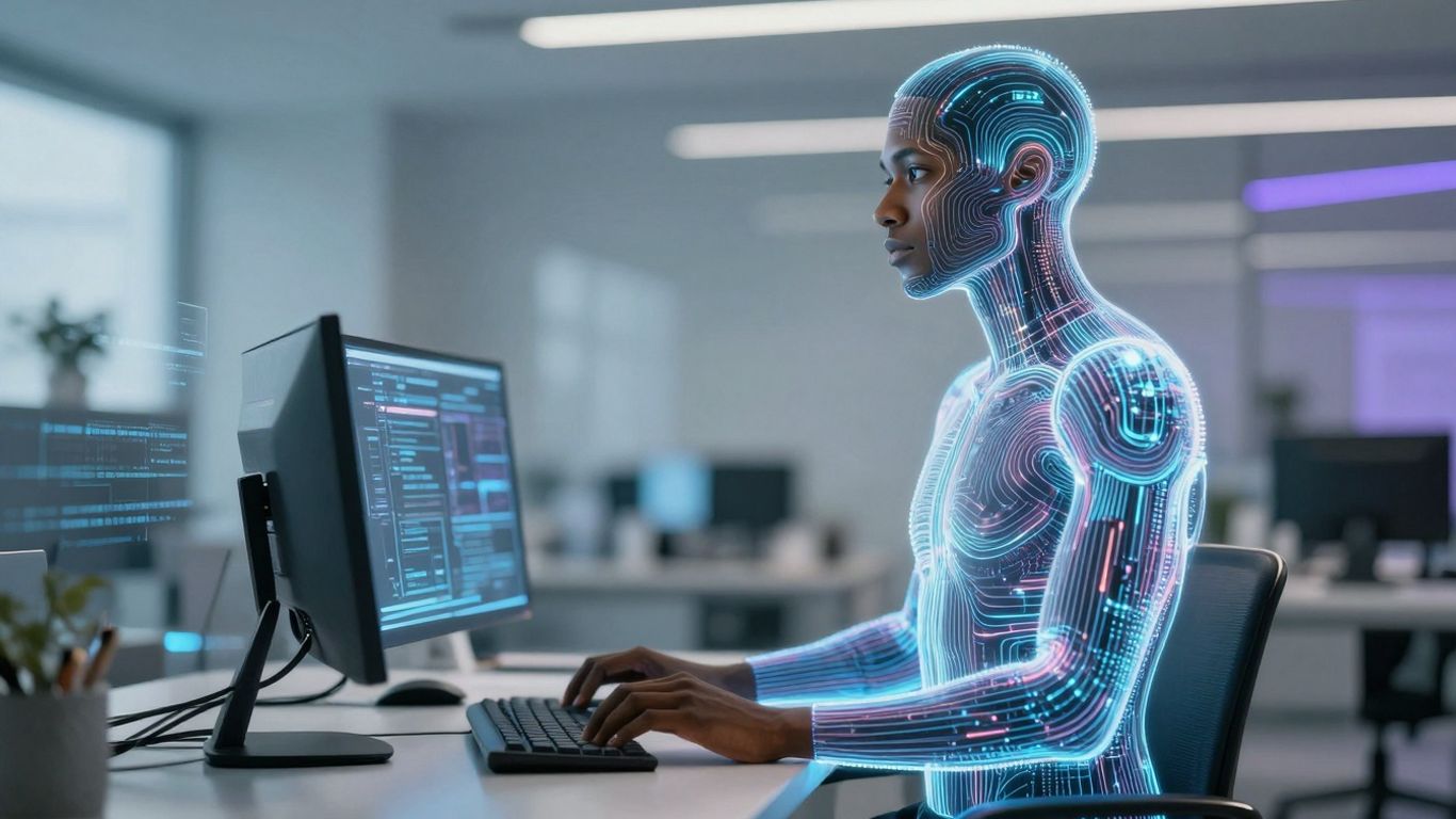 Agente de IA como un equipo digital futurista.