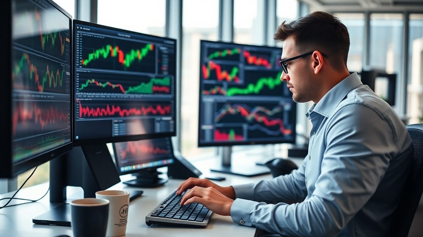 Focused trader watching screens in a modern office