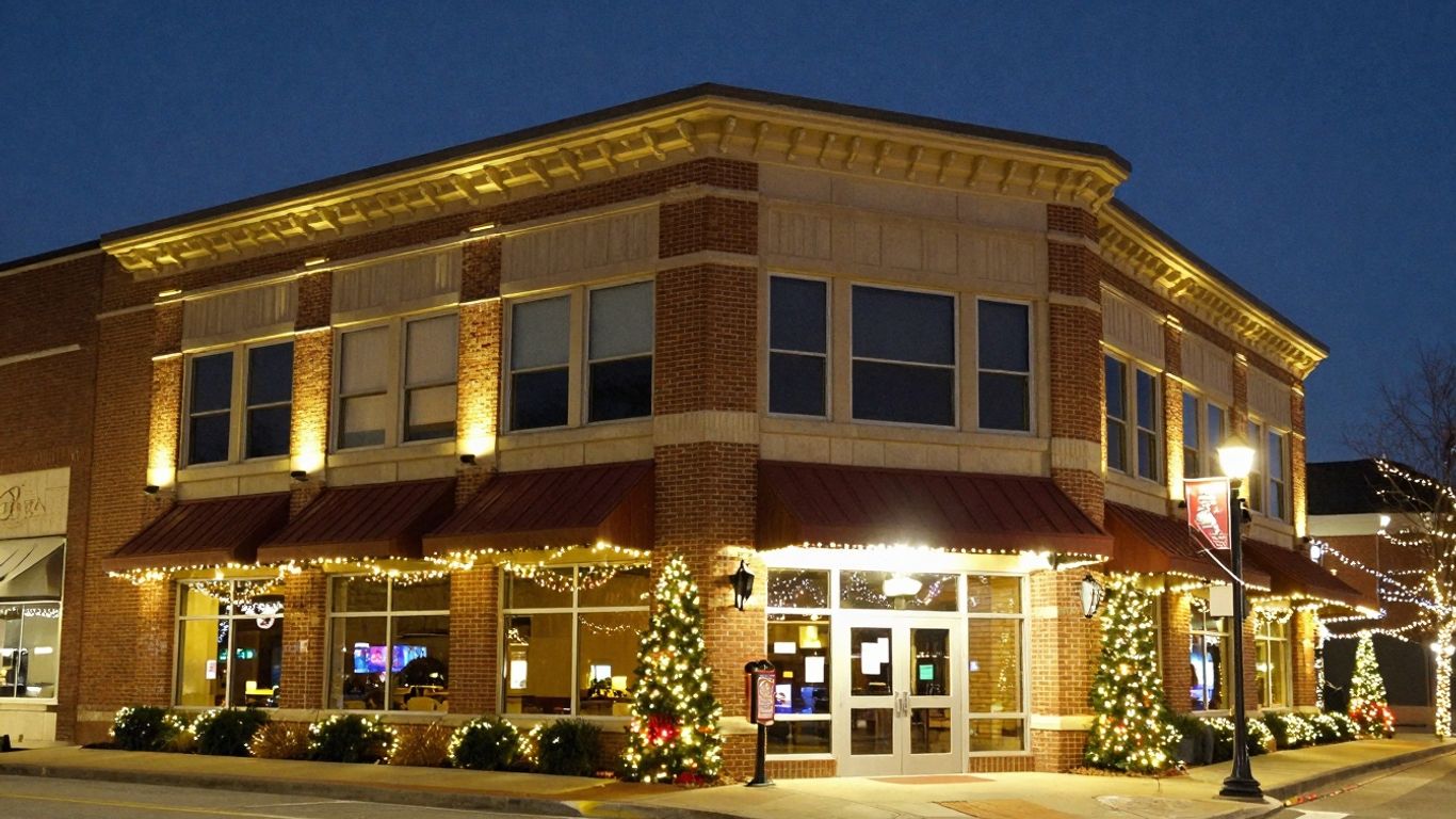 Commercial building decorated with Christmas lights in O'Fallon, MO.