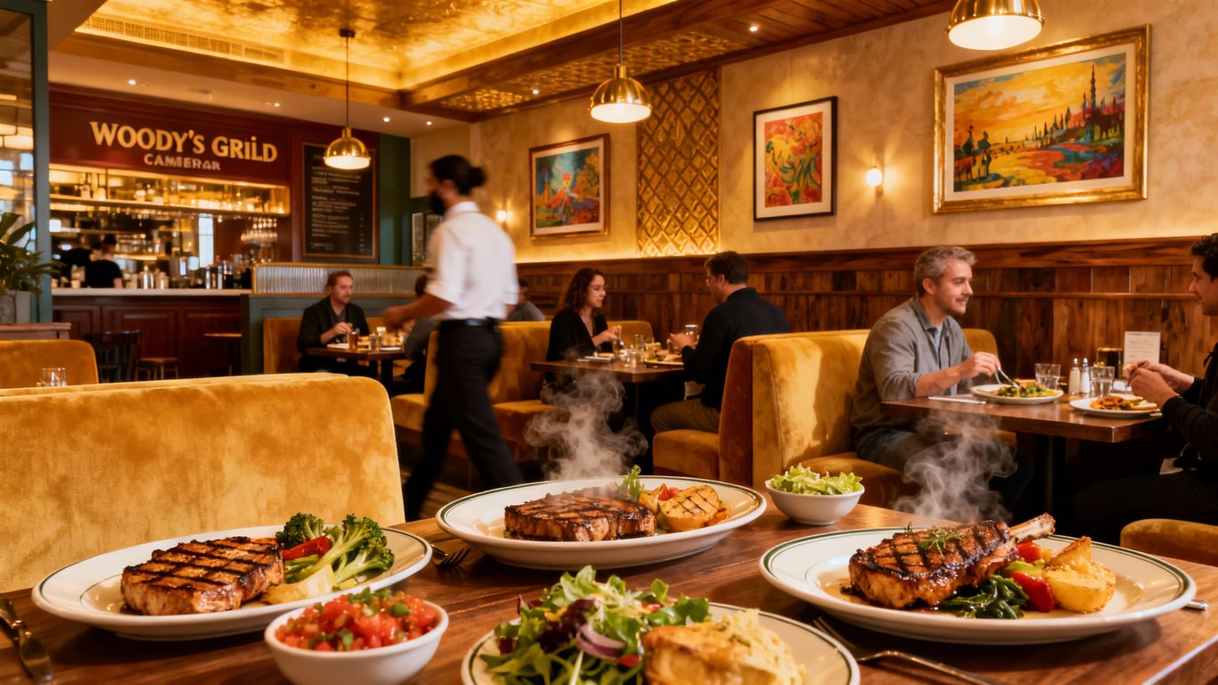 Interior of Woody's Grill Camden with food and seating.