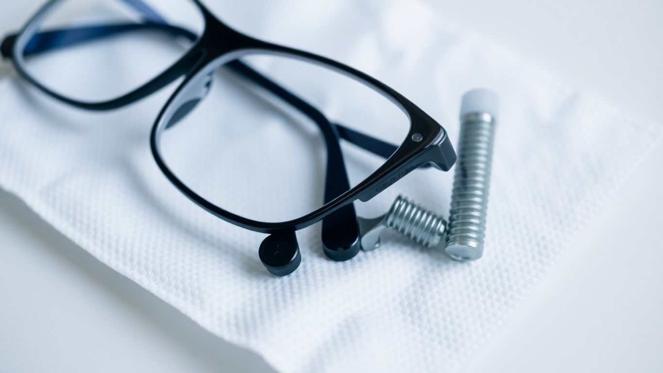 Lunettes, pansements et soins dentaires sur fond blanc.