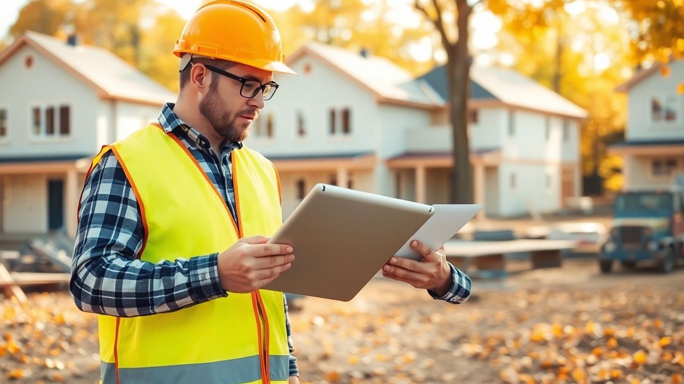 Contractor using tablet outdoors at autumn construction site