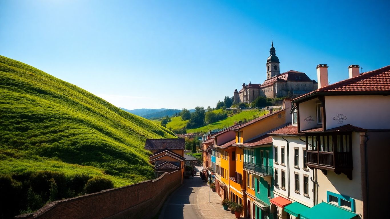 Scenic view of Romania's rolling hills and ancient architecture.