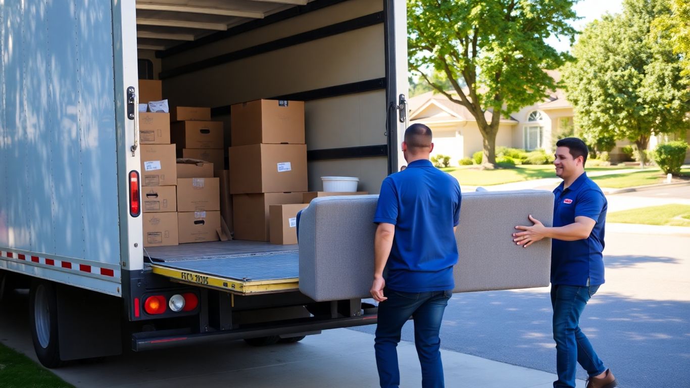 Movers loading a truck with furniture and boxes.
