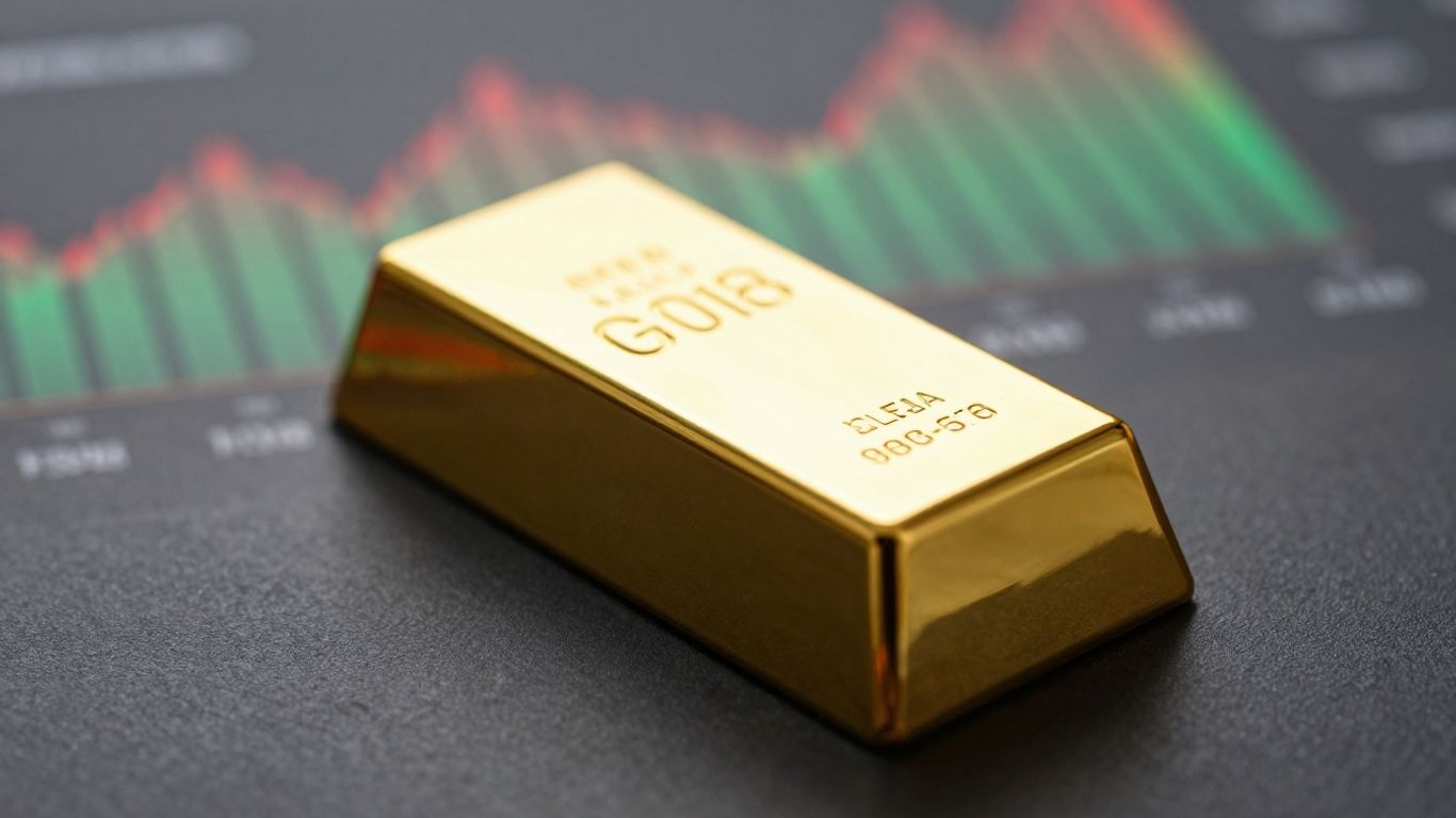 Gold bar with blurred financial charts in background.