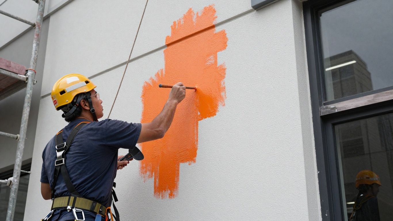 Painter working on commercial building exterior.