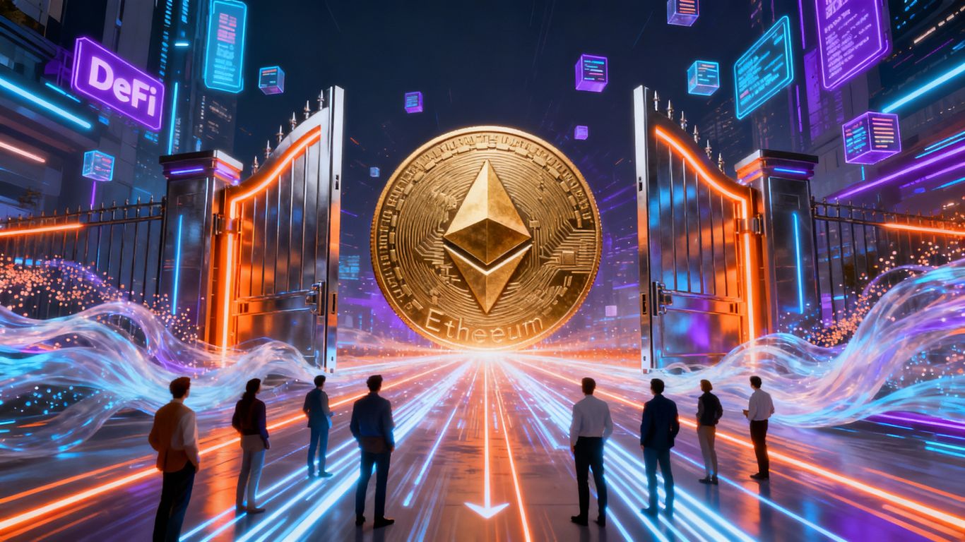 Ethereum coin with open gates and digital streams
