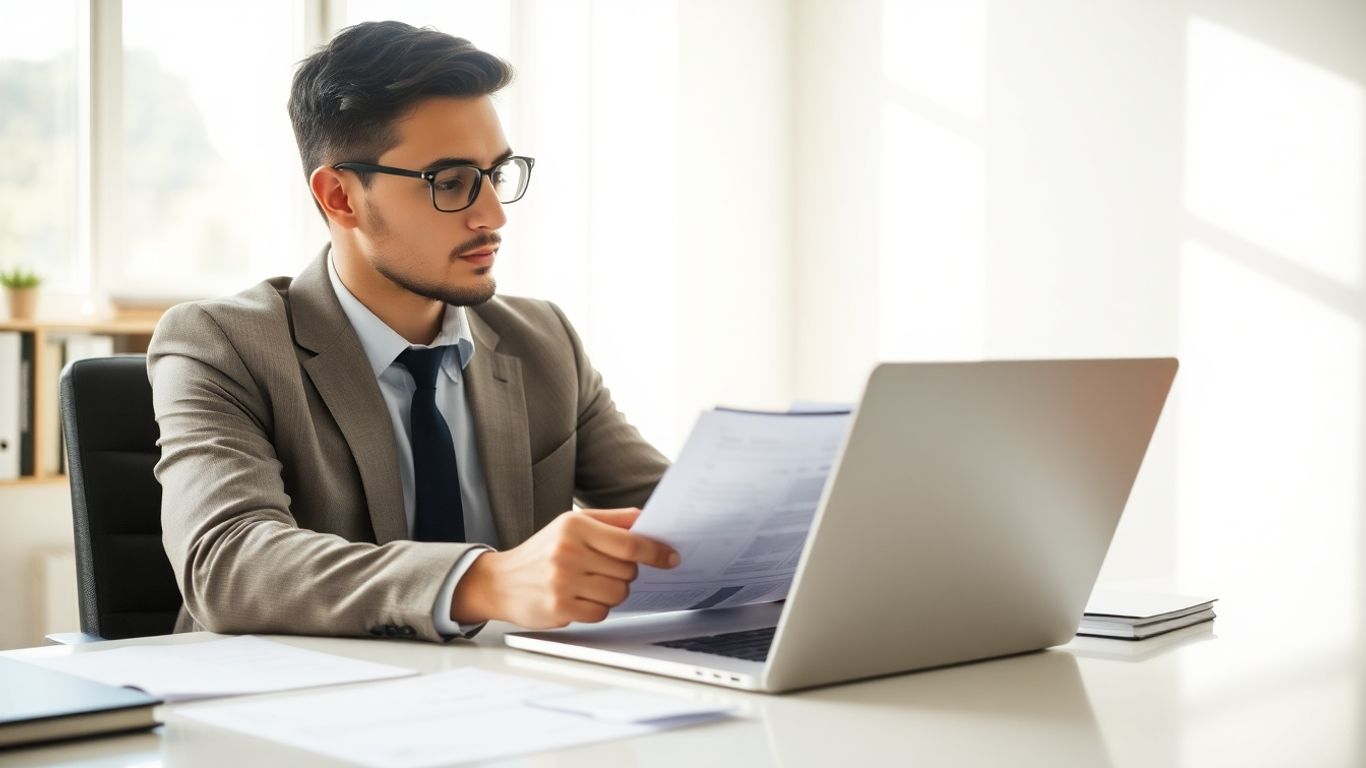 Business professional reviewing financial documents in a bright office.