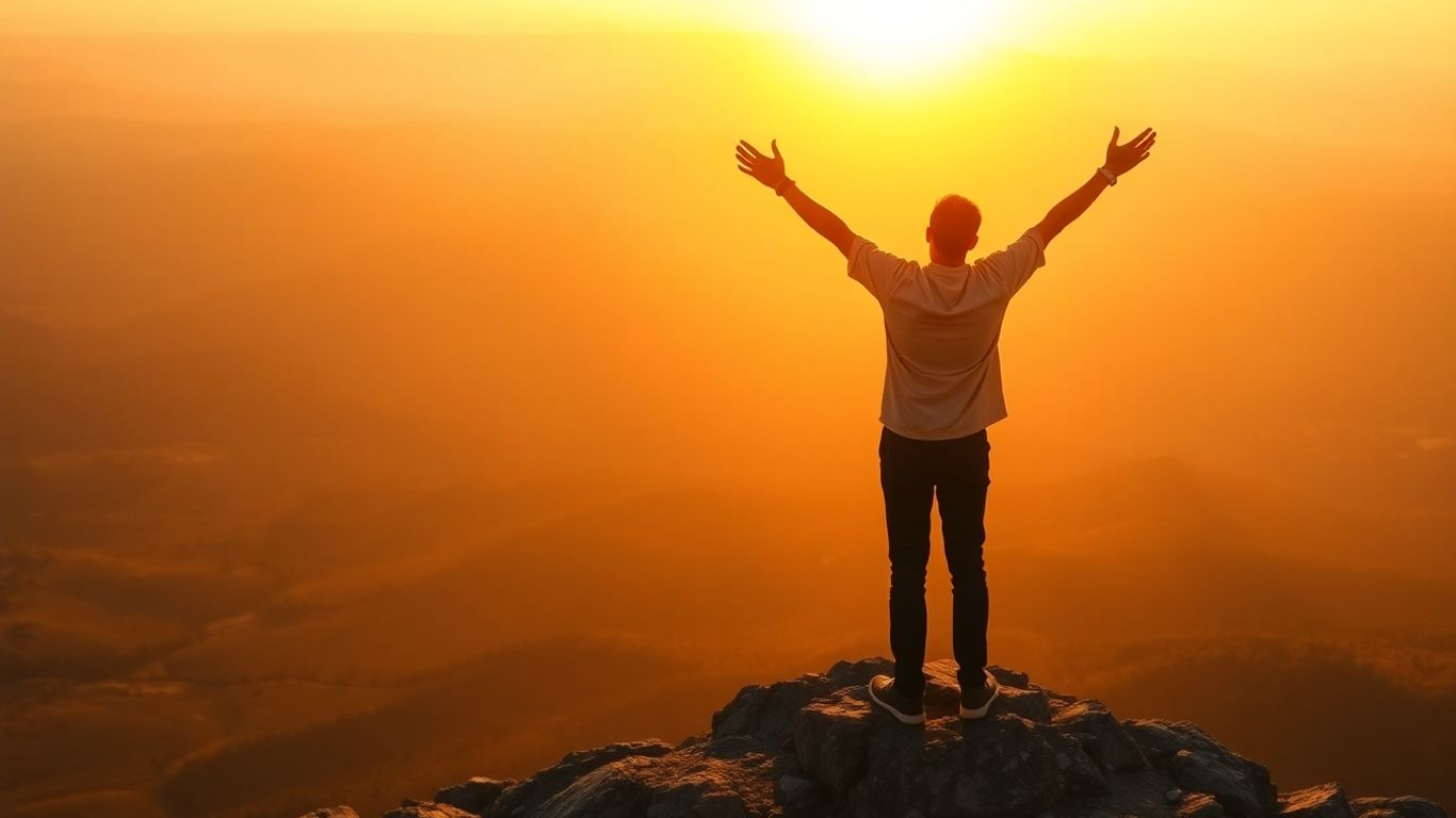 Person celebrating success on a mountaintop at sunrise.
