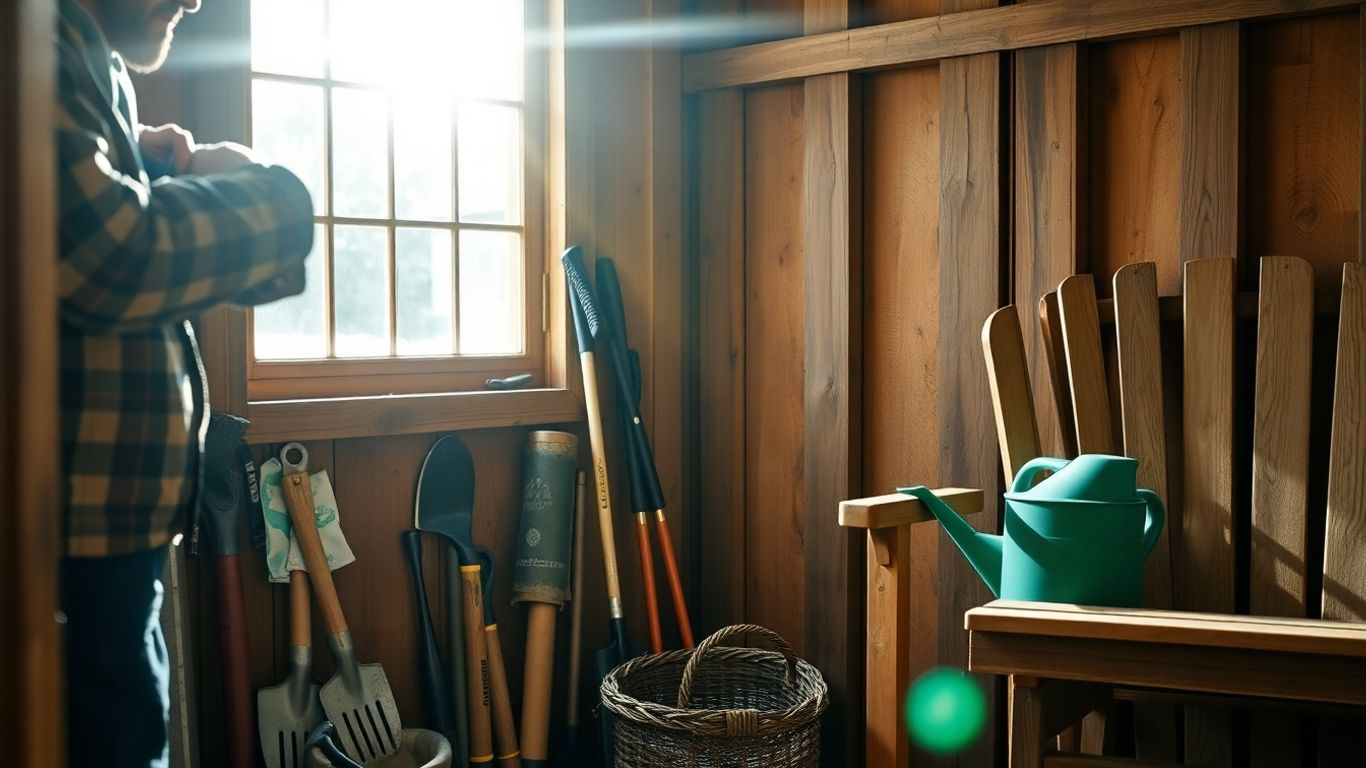 Gartengeräte und Möbel werden für den Winter vorbereitet.