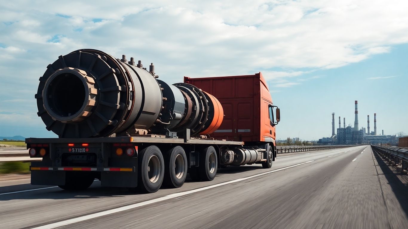 Truck delivering engine parts via freight shipping.