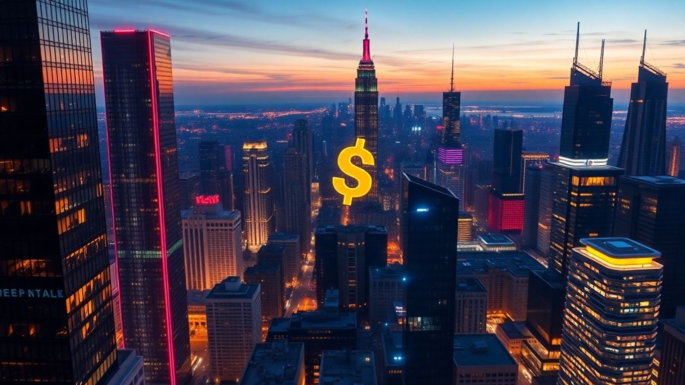 Futuristic cityscape with digital currency symbols.