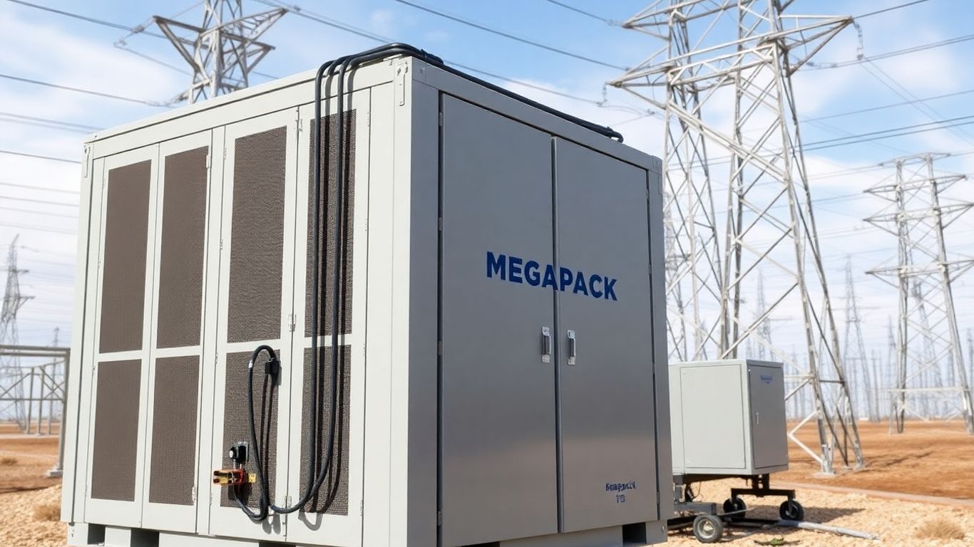 Megapack battery unit powering a stable electrical grid.