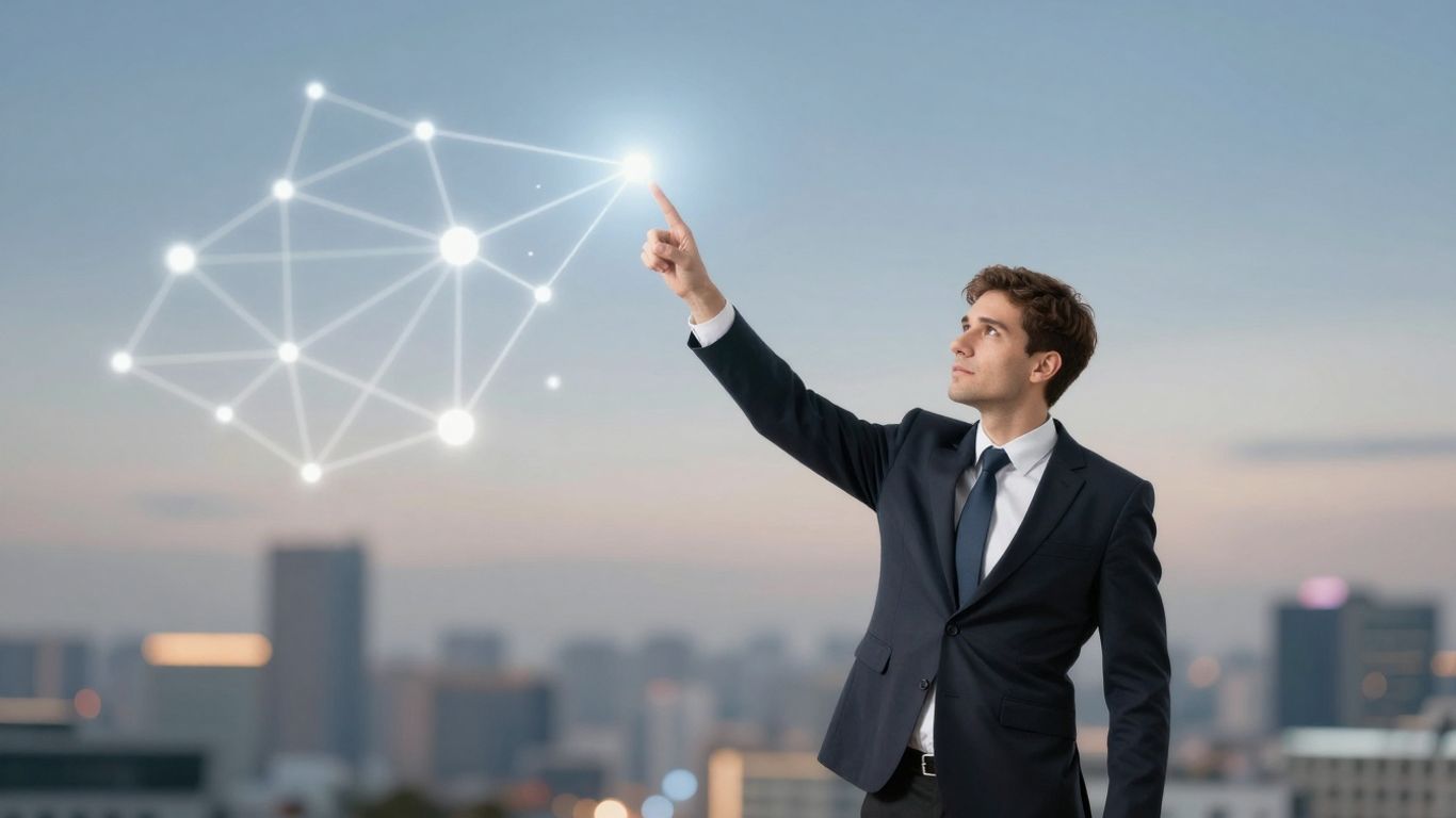 Professional pointing upwards at digital network