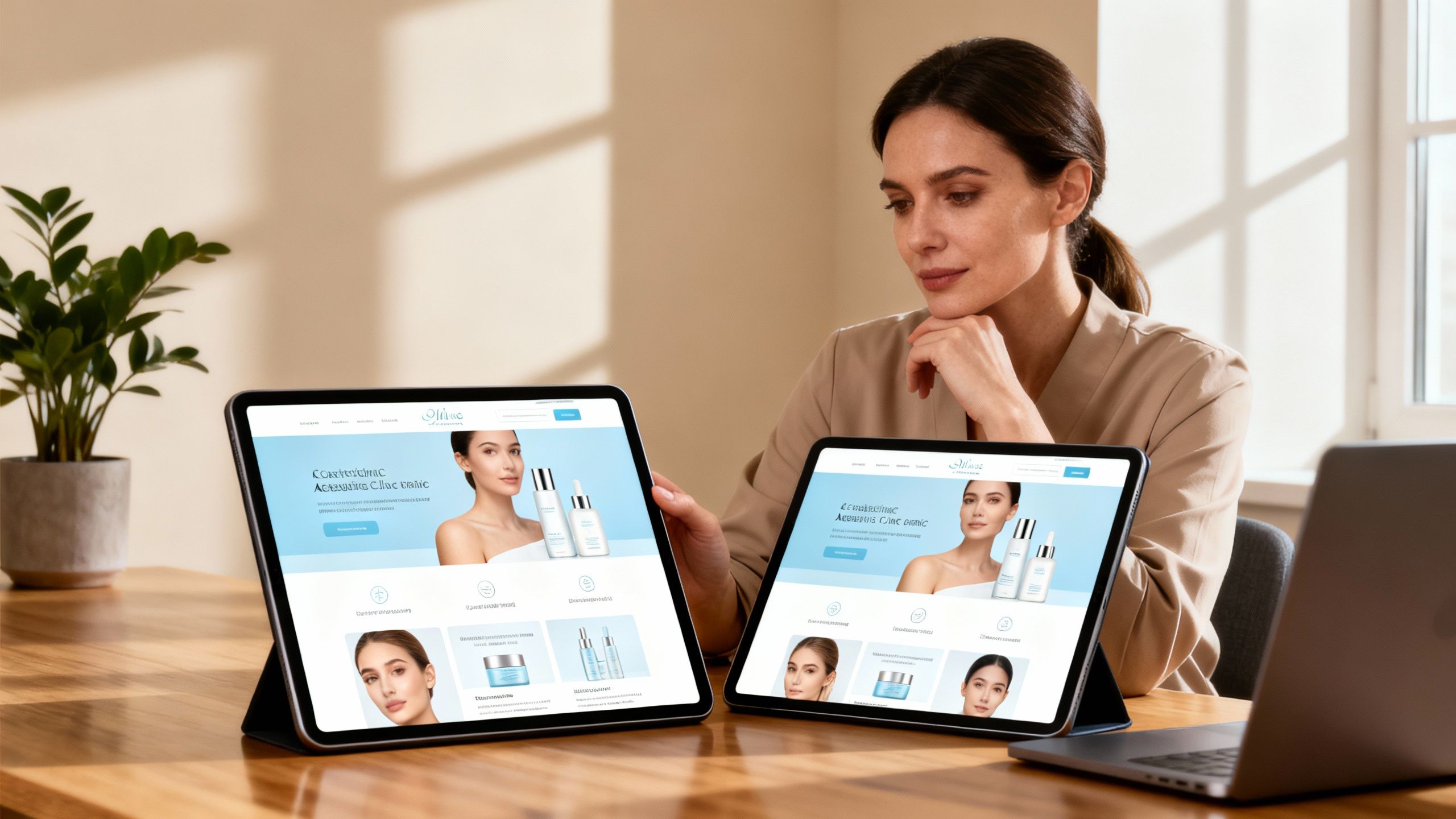 Aesthetic clinic owner contemplating website design on a tablet.