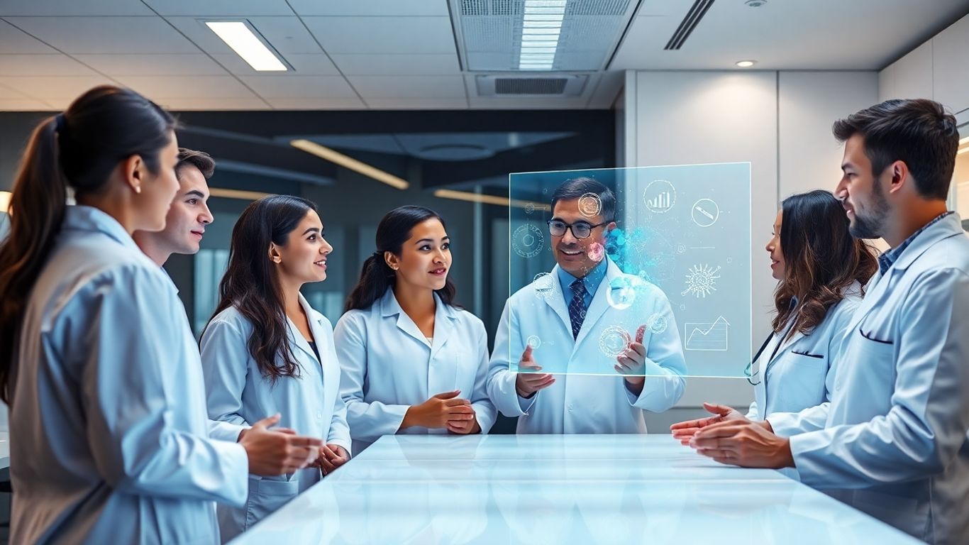 Pharmaceutical scientists using futuristic holographic interfaces.