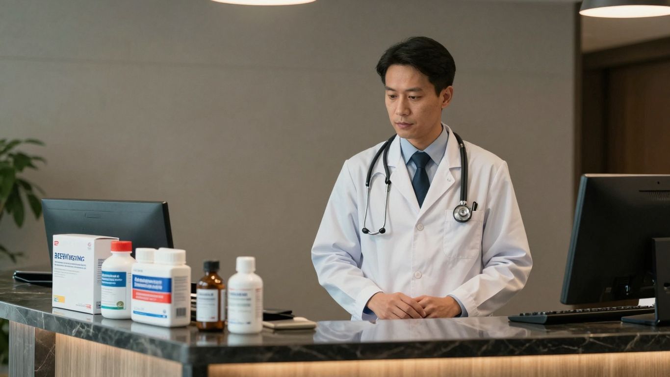 Doctor at hotel reception offering medical services.