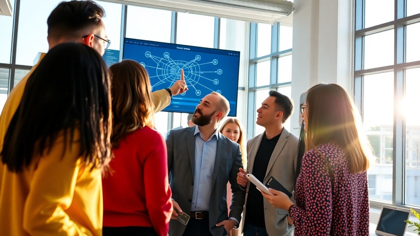 Professionals collaborating in an office environment.