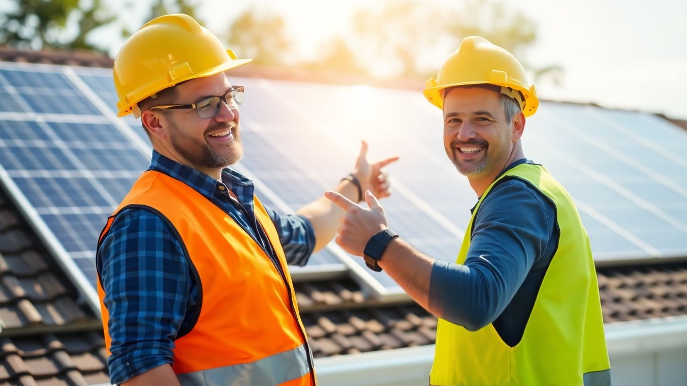 Smiling solar installer showing a solar panel installation on a roof.